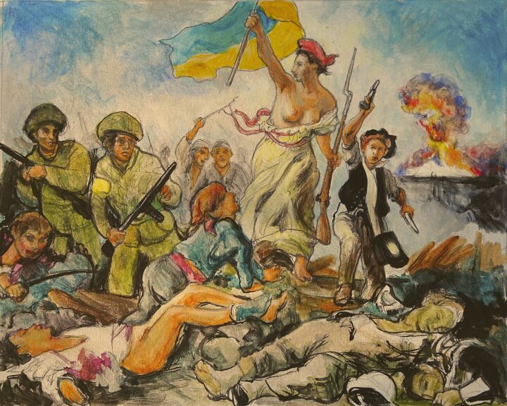 Ukraine 2022. La liberté guidant le peuple ukrainien. 绘画, 7.9x10.2 in