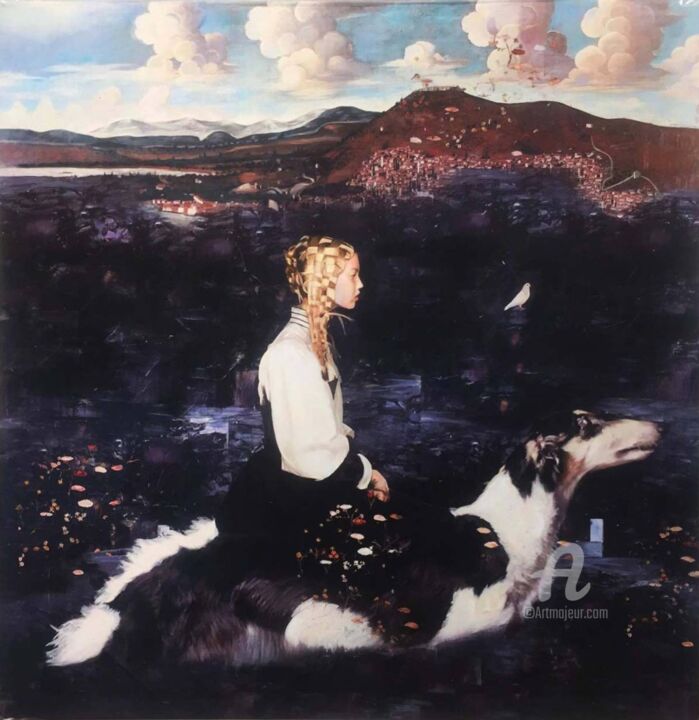 Malarstwo zatytułowany „girl on dog” autorstwa Igor Skaletsky, Oryginalna praca, Akryl