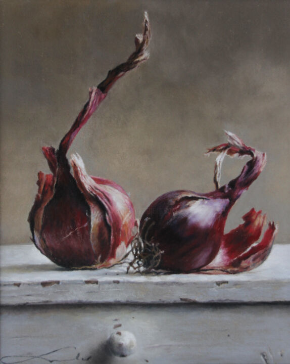 Drawing titled "Les oignons rouges" by Nathalie Picoulet, Original Artwork, Pastel Mounted on Cardboard