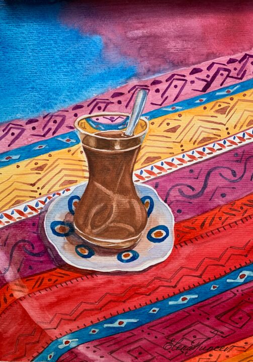 ''Turkish chai''Traditional tea on tablecloth, Watercolor 绘画, 12x8 in