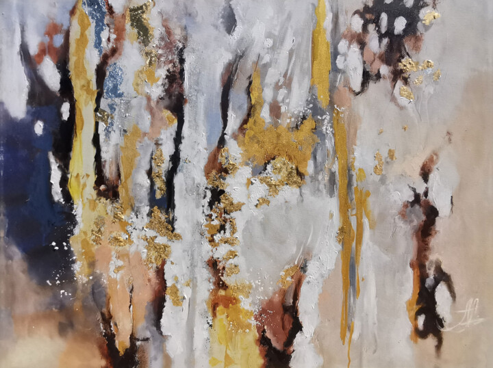 Printmaking titled "GOLDEN ABSTRACT CAN…" by Annet Loginova, Original Artwork, Acrylic