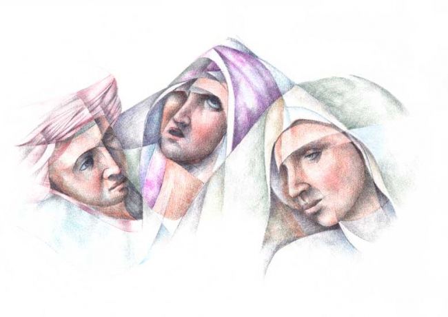 Drawing titled "TRE DONNE" by Galleria Arte-Vera, Original Artwork, Ballpoint pen