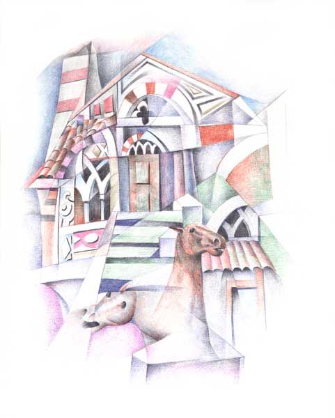 Drawing titled "CHIESA CON SCALE" by Galleria Arte-Vera, Original Artwork, Ballpoint pen
