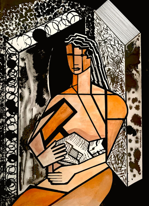 Cubist Woman with Cat 绘画, 16.5x11.6 in
