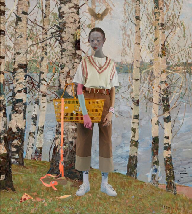 the bat and the girl with supermarket basket 绘画, 47.2x47.2 in