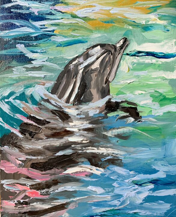 Dolphin oil painting. 绘画, 11.8x9.5 in