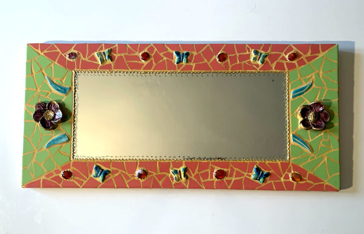 miroir mosaïque mural "fleurs céramique relief" 33 X 70 cm 设计, 13x27.6 in