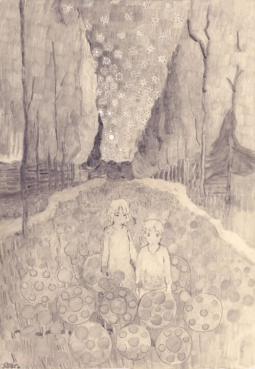 图画 标题为“Alliums with Starry…” 由Piotr Szerszynski, 原创艺术品, 铅笔