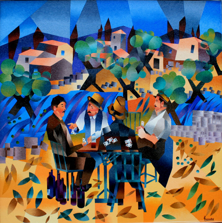 PARTIE DE BELOTE SOUS LES OLIVIERS 绘画, 43.3x43.3 in