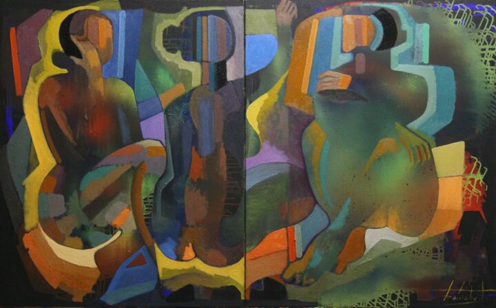 「The three graces. B…」というタイトルの絵画 Zaza Kharabadzeによって, オリジナルのアートワーク, オイル ウッドストレッチャーフレームにマウント