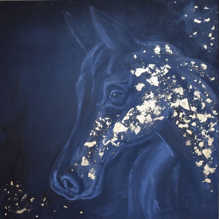Star dust. Black horse and stars. Interior painting with gol 绘画, 23.6x23.6 in