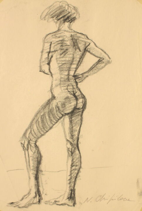 Drawing titled "Nu féminin de dos 1" by Nathalia Chipilova, Original Artwork, Charcoal