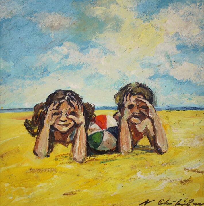 Peinture intitulée "A la Plage, 20x20 cm" par Nathalia Chipilova, Œuvre d'art originale, Acrylique
