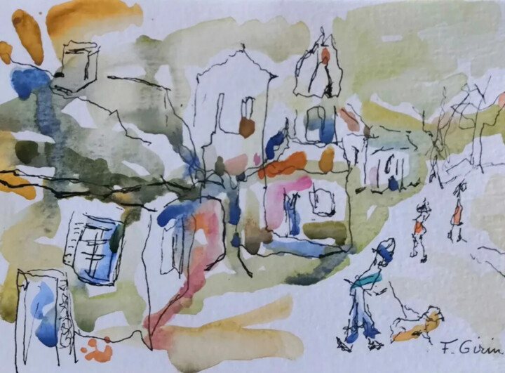 Painting titled "Quitter l'animation…" by Frédérique Girin, Original Artwork, Watercolor Mounted on Other rigid panel