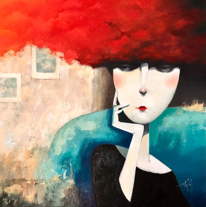 Pintura titulada "Mi nube roja" por Cesar Ayllón, Obra de arte original, Oleo Montado en Bastidor de camilla de madera