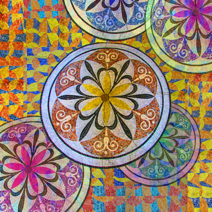 Rainbow Mosaic Circles and Flowers 绘画, 24x24 in