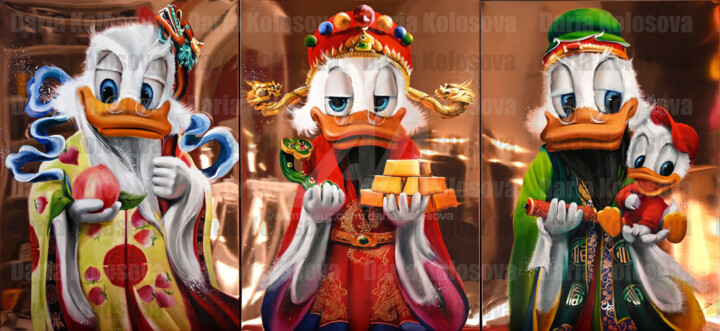 Feng Shui Sages (Triptych) 绘画, 49.6x106.3 in
