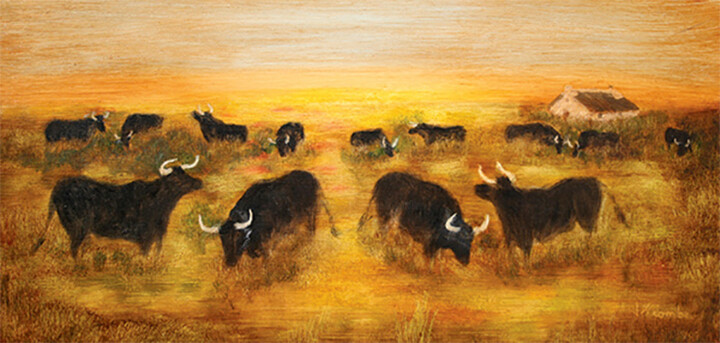 Taureaux en Camargue. 绘画, 15.8x31.5 in