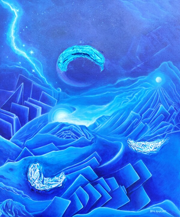 Voyage interstellaire tableau abstrait acrylique avec relief 绘画, 21.7x18.1 in