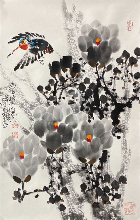 Painting titled "Spring message 春消息…" by Dayou Lu, Original Artwork, Pigments
