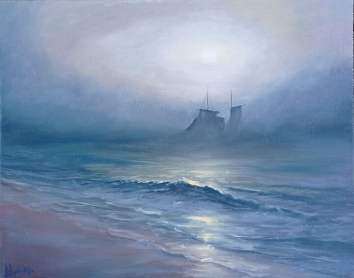 Sailboat Painting Foggy Seascape Original Oil Painting 绘画, 15.8x19.7 in