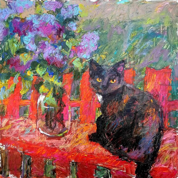 Lilac, black cat, red fence 绘画, 16.9x16.9 in