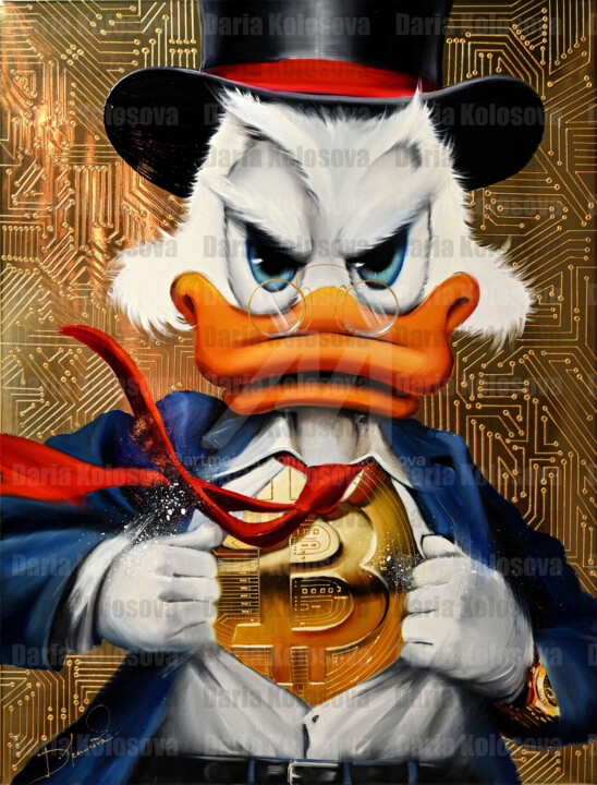 Duck With Bitcoin on Gold 绘画, 37x28.4 in