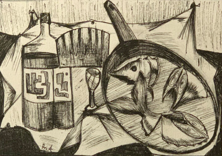 Stell life with fish 图画, 4.3x5.9 in