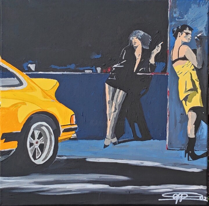 Porsche 911 RS mit 2 Girls in gelb 绘画, 15.8x15.8 in