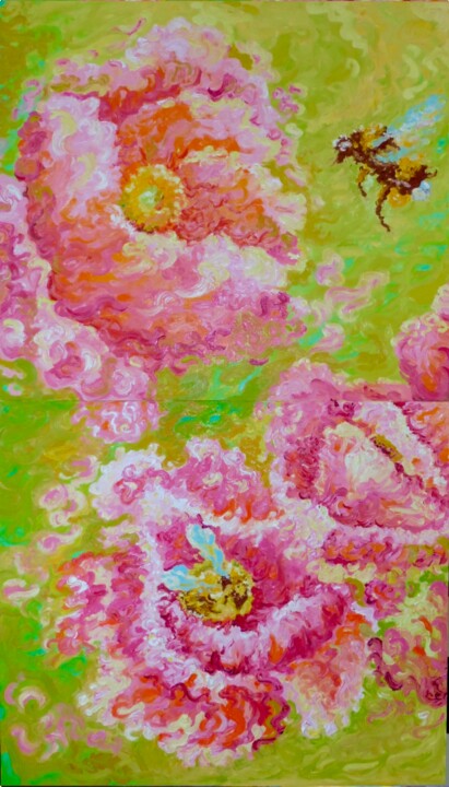 Roses and bee, Original Oil Painting, Roses and bees 绘画, 55.1x31.5 in