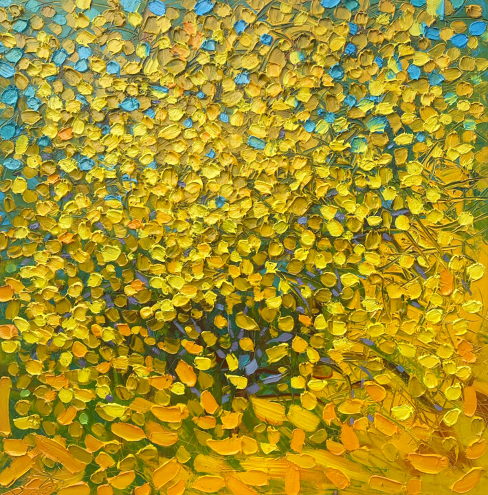 Schilderij getiteld "Blooming yellow" door Olga Bezhina, Origineel Kunstwerk, Olie Gemonteerd op Frame voor houten brancard