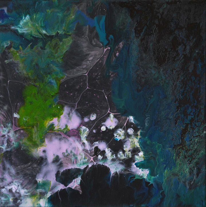 “Evolution” universe” green blue abstract acrylic art 绘画, 15.8x15.8 in