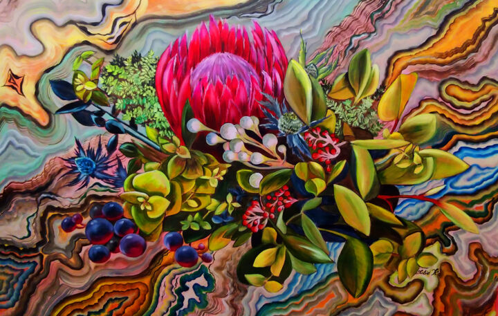 Sincere beauty. Protea flower botanical oil art Painting, 24.8x39.4 in
