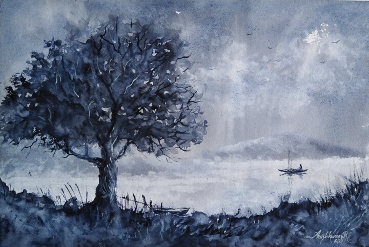 Painting titled "Monochrome landscape" by Anishkumar R Anjumoorthy, Original Artwork, Watercolor