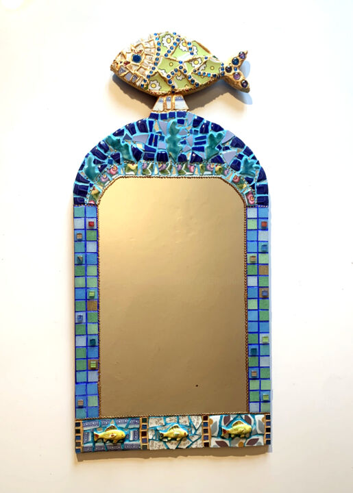 miroir mural "poisson de Pacques" peinture et mosaïque 设计, 31.1x14.6 in