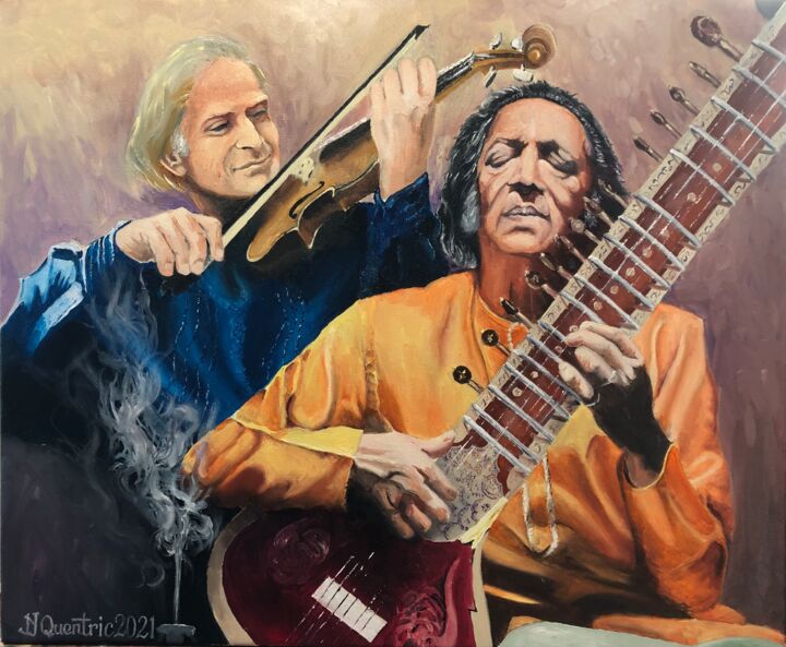 Peinture intitulée "Ravi Shankar et Yeh…" par Jean-Yves Quentric, Œuvre d'art originale, Huile Monté sur Châssis en bois
