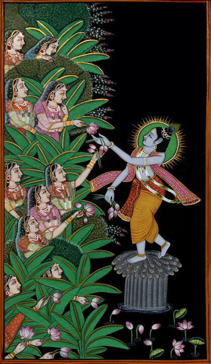 「Krishna With Gopi」というタイトルの絵画 Kailesh Jeeによって, オリジナルのアートワーク, 水彩画