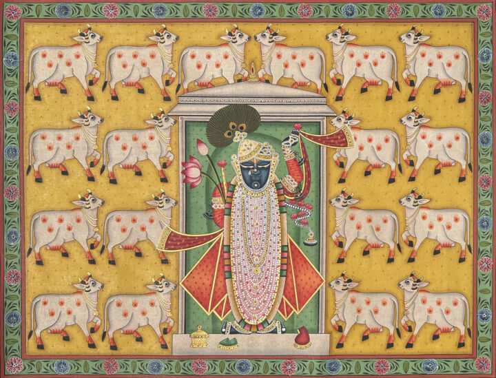 绘画 标题为“Krishna With Cows” 由Kailesh Jee, 原创艺术品, 水彩