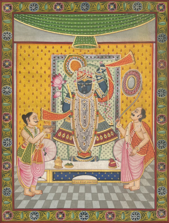 Painting titled "Krishna With Priest" by Kailesh Jee, Original Artwork, Watercolor