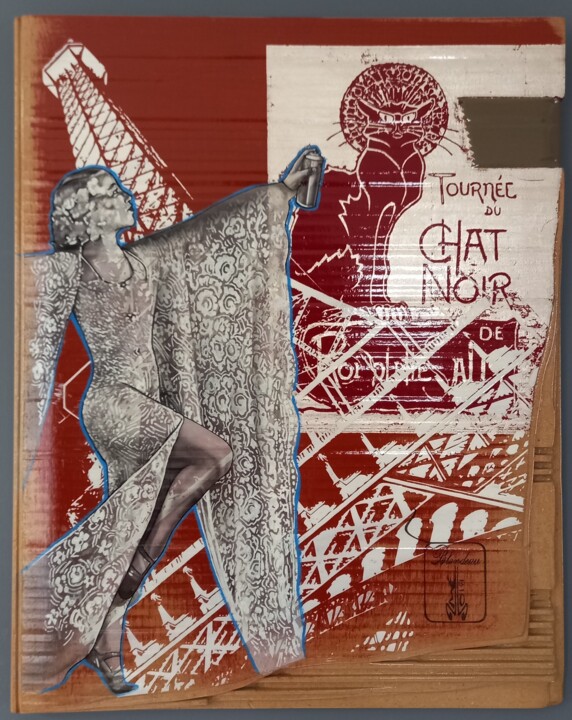 Paris chat noir /2 ( bois sculpté imitant le carton) 绘画, 19.7x15.8 in