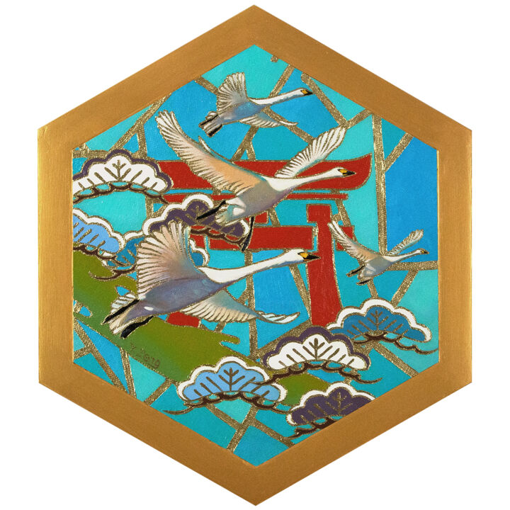 Yuzen style Winter white birds of four season 绘画, 9.1x8 in
