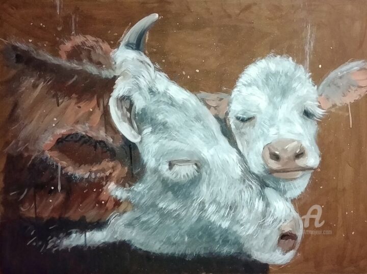 Cow with calf, time for love 绘画, 17.7x23.6 in