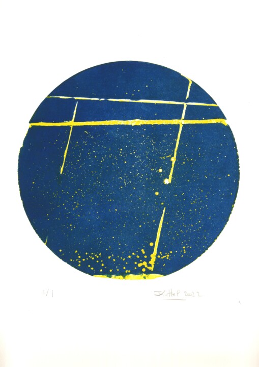Macro-sillons, bleu jaune primevère 1/1 Printmaking, 22.1x15 in