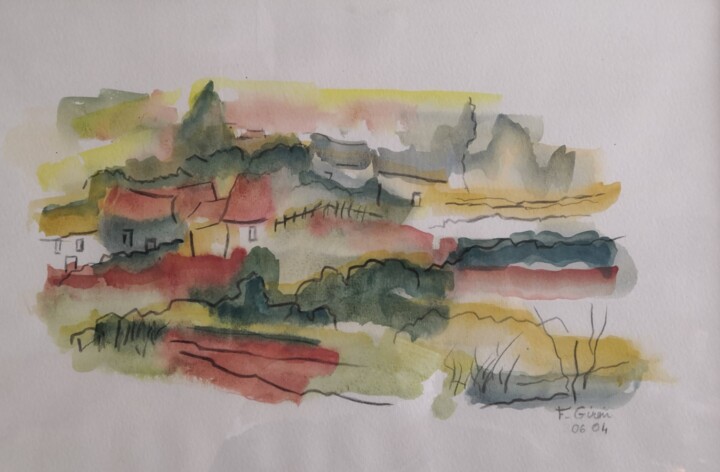 Peinture intitulée "la campagne" par Frédérique Girin, Œuvre d'art originale, Aquarelle Monté sur Verre