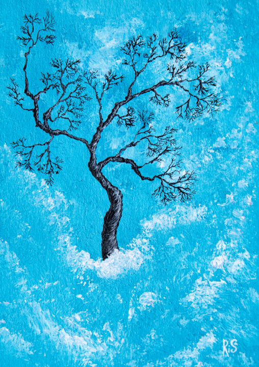 A TREE IN THE CLOUDS, branches, small framed peinting, gift Painting, 7.5x5.5 in