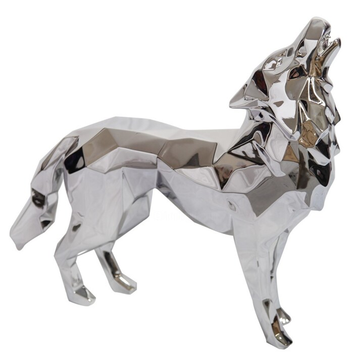 Silver Howling Wolf, Richard Orlinski 雕塑, 22.4x27.6 in