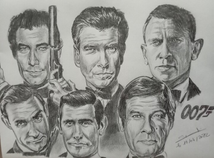 Portraits des acteurs du film James Bond réalisé aux crayons 图画, 11.7x16.5 in