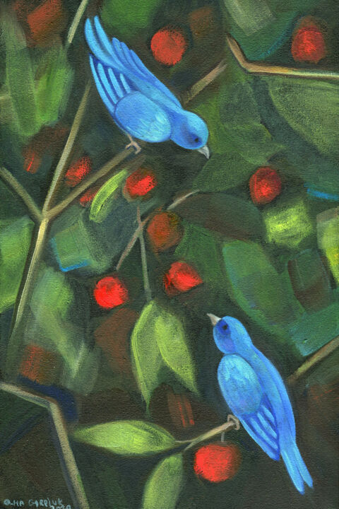 Two Birds In The Garden 绘画, 11.8x7.9 in