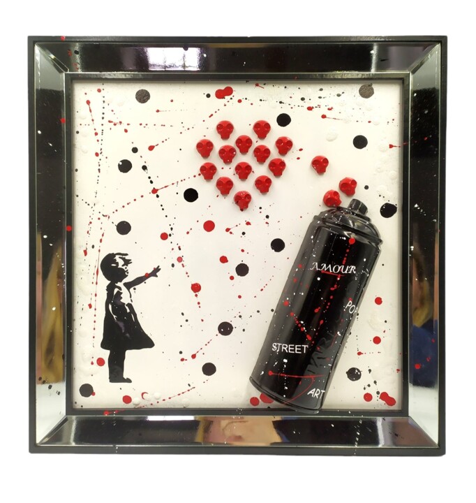 BANKSYSKULL SPRAY HEART 绘画, 14.2x14.2 in