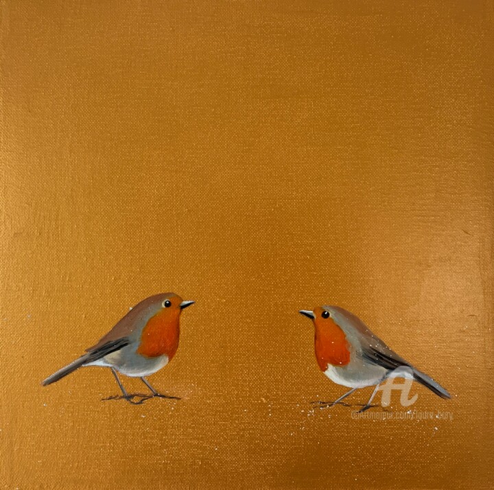Dance With Me ~ Two Robins On Gold 绘画, 11.8x11.8 in